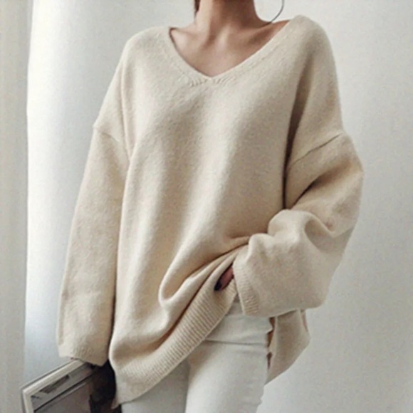 Sweater knit wool loose wide sleeve v-neck khaki cream womens winter top - Picture 6 of 6